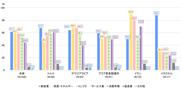 有望視するビジネス分野は、調査対象国全体では「新産業」が最大で、次いで「資源・エネルギー」「インフラ」「サービス業」も有望視。国別にみると、イスラエルでは約9割が「新産業」と回答、イランでは「資源・エネルギー」「インフラ」に高い期待。